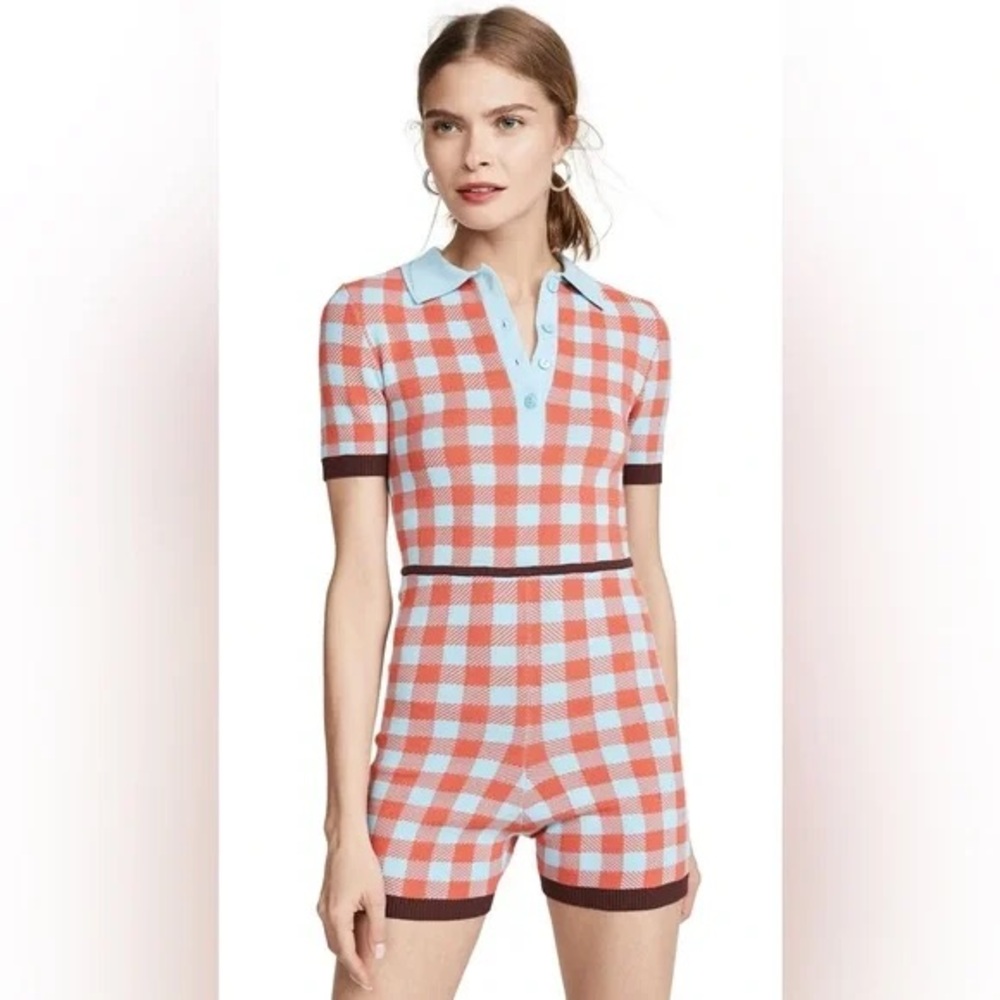 Staud Plaid Knit Shorts Romper Playsuit Medium